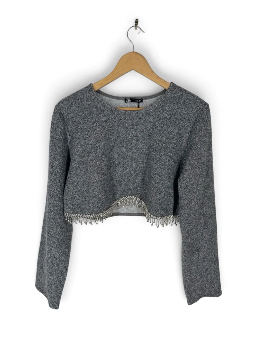 Zara NWT Gray Cropped Ribbed Sweater With Jeweled Hem